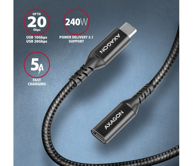AXAGON BUCM32-CF05AB Kabel przedłużacz Gen2 USB-C - USB-C 0.5m, 5A, 20Gbps, PD 240W, oplot, czarny - 1353479 - zdjęcie 4